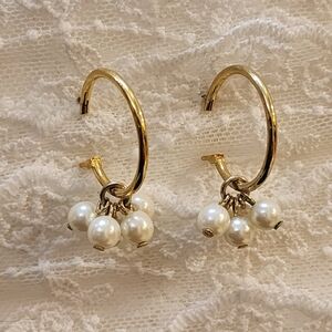 Gold Toned Hoops With Dangle Drop Faux Pearl Clusters Pierced Earrings